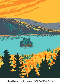 Afiche de WPA de la isla de los Pinos en el lago Wapizagonke dentro del Parque Nacional La Mauricie cerca de Shawinigan en las montañas Laurentian, región de Mauricio de Quebec, Canadá, hecho en la administración de proyectos.