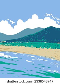 WPA poster art of Praia da Joaquina, one of the 42 beaches of Florianopolis or Floripa located Santa Catarina in the south region of Brazil done in works project administration or Art Deco style.