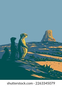 WPA poster art of a Prairie dog in Devils Tower National Monument in Bear Lodge Ranger District of Black Hills , northeastern Wyoming done in works project administration or federal art project style.