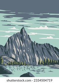 WPA poster art of Prusik Peak in the Enchantments within Alpine Lakes Wilderness of the Cascade Mountain Range in Washington State, United States of America done in works project administration.