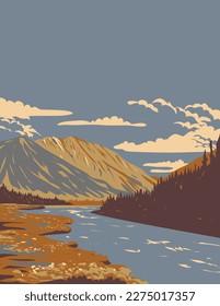 WPA poster art of Quill Creek in Kluane National Park and Reserve in the southwest corner of the territory of Yukon, Canada done in works project administration.