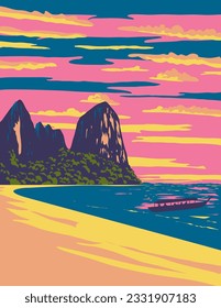 WPA poster art of Railay or Rai Leh beach on the small peninsula between the city of Krabi and Ao Nang in Thailand done in works project administration or Art Deco style.