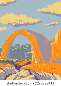 WPA poster art of Rainbow Bridge National Monument located in Glen Canyon National Recreation Area in San Juan County, Utah USA in works project administration or Art Deco style.