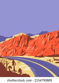 WPA poster art of Red Rock Canyon National Conservation Area in the Mojave Desert with red sandstone peaks and the Keystone Thrust Fault in Nevada USA done in works project administration style.