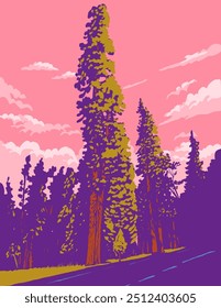 Arte de cartel de WPA de secuoyas o árboles Sequoioideae en el Parque Nacional de Yosemite en el norte de California, Estados Unidos de América EE.UU. hecho en la administración del proyecto de obras.