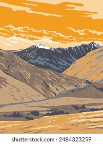 WPA poster art of the Remarkables Kawarau viewed from Arthurs Point in Queenstown, Otago, South Island of New Zealand done in works project administration or federal art project style.