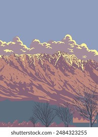 WPA poster art of the Remarkables mountain range in the Southern Alps viewed from Queenstown, Otago, South Island of New Zealand done in works project administration or federal art project style.