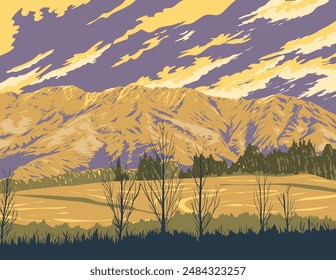 WPA poster art of the Remarkables mountain range viewed from Arthurs Point in Queenstown, Otago, South Island of New Zealand done in works project administration or federal art project style.