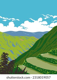 WPA poster art of rice terraces in Balbalasang-Balbalan National Park or Mount Balbalasang located in Balbalan, Kalinga in the Cordillera Administrative Region, Philippines done in Art Deco style.