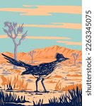 WPA poster art of a roadrunner, chaparral bird or chaparral cock in Joshua Tree National Park located in Mojave Desert, California done in works project administration or federal art project style.