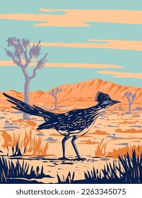 WPA poster art of a roadrunner, chaparral bird or chaparral cock in Joshua Tree National Park located in Mojave Desert, California done in works project administration or federal art project style.