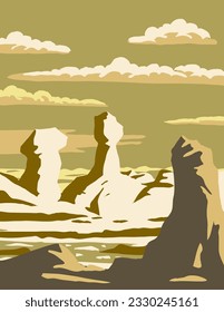 WPA poster art of rock formations in White Desert National Park located in the Farafra depression north of the town of Qsar El Farafra in Egypt done in works project administration or Art Deco style.
