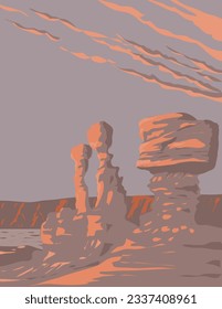 WPA poster art of rock formations in Ischigualasto Provincial Park or Parque Provincial Ischigualasto in San Juan Province, Argentina done in works project administration or Art Deco style.