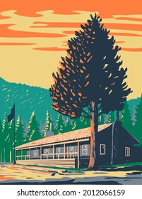 WPA poster art of Roosevelt Lodge Cabins located in the Tower-Roosevelt area in Yellowstone National Park, Wyoming USA done in works project administration style or federal art project style.