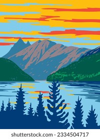 WPA poster art of Ross Lake in Cascade Mountain Range within Ross Lake National Recreation Area in Washington State USA done in works project administration.