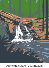 WPA poster art of Rustic Falls on Cascade Creek in Moran State Park on Orcas Island in Puget Sound San Juan Islands in Washington State, United States of America done in works project administration.