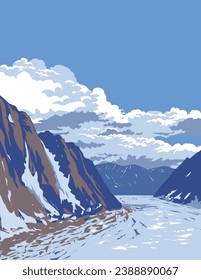 WPA poster art of Ruth Glacier in Denali National Park and Preserve below the summit of Mount McKinley in Alaska USA done in works project administration or federal art project style.