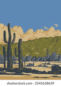 Arte de cartel de WPA de cactus saguaro o Carnegiea gigantea en South Mountain Park cerca de Phoenix, Arizona, Estados Unidos EE.UU. hecho en la administración de proyectos de obras o estilo de proyecto de arte federal.