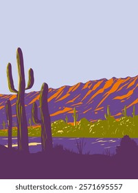 WPA poster art of saguaro cactus in South Mountain Park in Phoenix, Arizona in the United States of America done in works project administration or federal art project style.