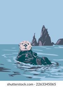 WPA poster art of a sea otter Enhydra lutris, a marine mammal native to northern and eastern North Pacific Ocean in Olympic National Park Washington State done in works project administration.