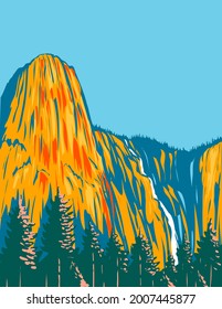 WPA poster art of Sentinel Falls and the giant monolith Sentinel Rock residing within Yosemite National Park, California USA done in works project administration style or federal art project style.