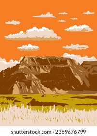 WPA poster art of sharply eroded buttes and pinnacles in Badlands National Park located in southwest South Dakota USA done in works project administration or federal art project style.