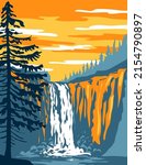 WPA poster art of Snoqualmie Falls on the Snoqualmie River between Snoqualmie and Fall City, Washington State northwest United States, USA done in works project administration style.