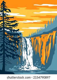 WPA poster art of Snoqualmie Falls on the Snoqualmie River between Snoqualmie and Fall City, Washington State northwest United States, USA done in works project administration style.