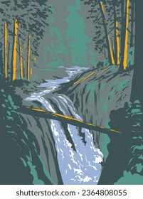 WPA poster art of Sol Duc Falls on Soleduck River within Olympic National Park in Washington State USA done in works project administration or federal art project style.