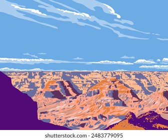 WPA-Poster-Kunst des Südrands des Grand-Canyon-Nationalparks in der Nähe von Tusayan in Arizona, Vereinigte Staaten von Amerika, USA in Werken Projektverwaltung oder föderalen Kunstprojektstil.