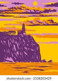 WPA poster art of Split Rock Lighthouse State Park along the north shore of Lake Superior in Minnesota, United States of America USA done in works project administration or federal art project style.