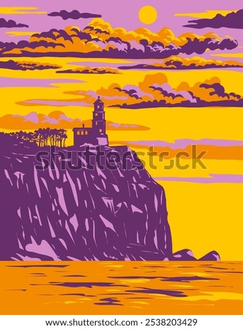 WPA poster art of Split Rock Lighthouse State Park along the north shore of Lake Superior in Minnesota, United States of America USA done in works project administration or federal art project style.