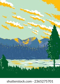 WPA poster art of Sprague Lake on the south side of Glacier Creek within Rocky Mountain National Park, Colorado, USA done in works project administration or federal art project style.