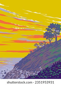 WPA poster art of steep bluffs at Block Island in New Shoreham, Washington County located in Rhode Island, New England, United States done in works project administration or Art Deco style.