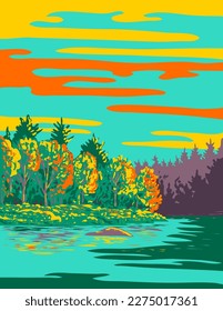 WPA poster art of Still Brook in fall in Kejimkujik National Park located in the southwest of Nova Scotia peninsula within Annapolis, Queens, Digby, Canada done in works project administration.