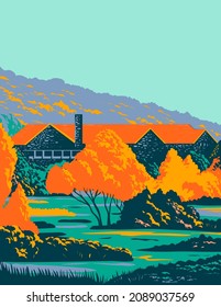 WPA poster art of the stone lodge with red roof and trees in front during fall or autumn done in works project administration or federal art project style.