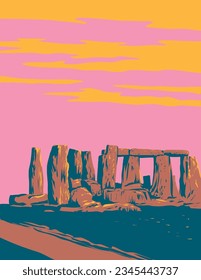 WPA poster art of Stonehenge, a prehistoric monument on Salisbury Plain in Wiltshire, England, the United Kingdom and the British Isles done in works project administration or Art Deco style.
