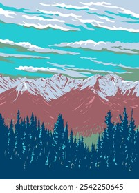 WPA poster art of the Sundance Range in the Canadian Rockies within Banff National Park in Alberta, Canada done in art deco, works project administration or federal art project style.