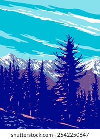 WPA poster art of the Sundance Range in Canadian Rockies within Banff National Park in Alberta, Canada done in works project administration or federal art project style.