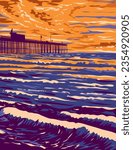 WPA poster art of surf beach at Pismo Beach Pier in Pismo Beach, California CA, United States of America USA done in works project administration.