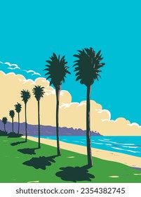 WPA poster art of surf beach at La Jolla Shores Beach in San Diego, California CA, United States of America USA done in works project administration.