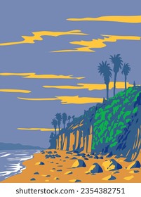 WPA poster art of surf beach at Beacon's Beach within Leucadia State Beach in the city of Encinitas, California CA, United States of America USA done in works project administration.