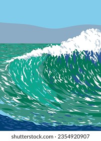 WPA poster art of surf beach at Sandspit Beach or Santa Barbara Harbor Beach in San Luis Obispo, California CA, United States of America USA done in works project administration.