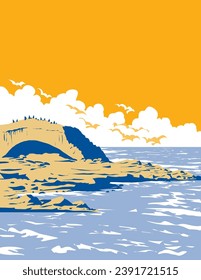 WPA poster art of surf beach at Bird Rock at the southernmost end of La Jolla north of Pacific Beach, San Diego, California, United States USA done in works project administration.