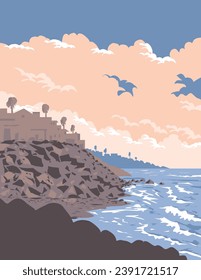 WPA poster art of surf beach at Buccaneer Beach in Buccaneer Beach Park in the southern part of Oceanside, California, United States USA done in works project administration. svg