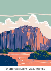 WPA poster art of Talampaya National Park or Parque Nacional Talampaya within area of the High Monte ecoregion in La Rioja Province, Argentina done in works project administration or Art Deco style.