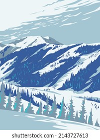 WPA poster art of Taos Ski Valley viewed from Wheeler Peak located in Taos County, New Mexico, United States USA done in works project administration style or federal art project style.