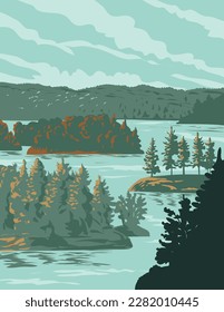 WPA poster art of Thousand Islands National Park formerly the St. Lawrence Islands National Park on the 1000 Islands Parkway of the Saint Lawrence River in Canada done in works project administration.