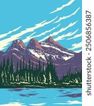 WPA poster art of Three Sisters Mountain, Big, Middle and Little Sister viewed from Bow River near Banff in Canmore, Alberta, Canada done in works project administration or federal art project style.