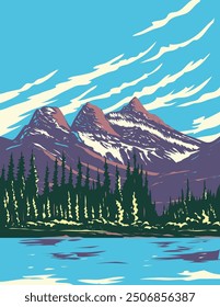 WPA poster art of Three Sisters Mountain, Big, Middle and Little Sister viewed from Bow River near Banff in Canmore, Alberta, Canada done in works project administration or federal art project style.